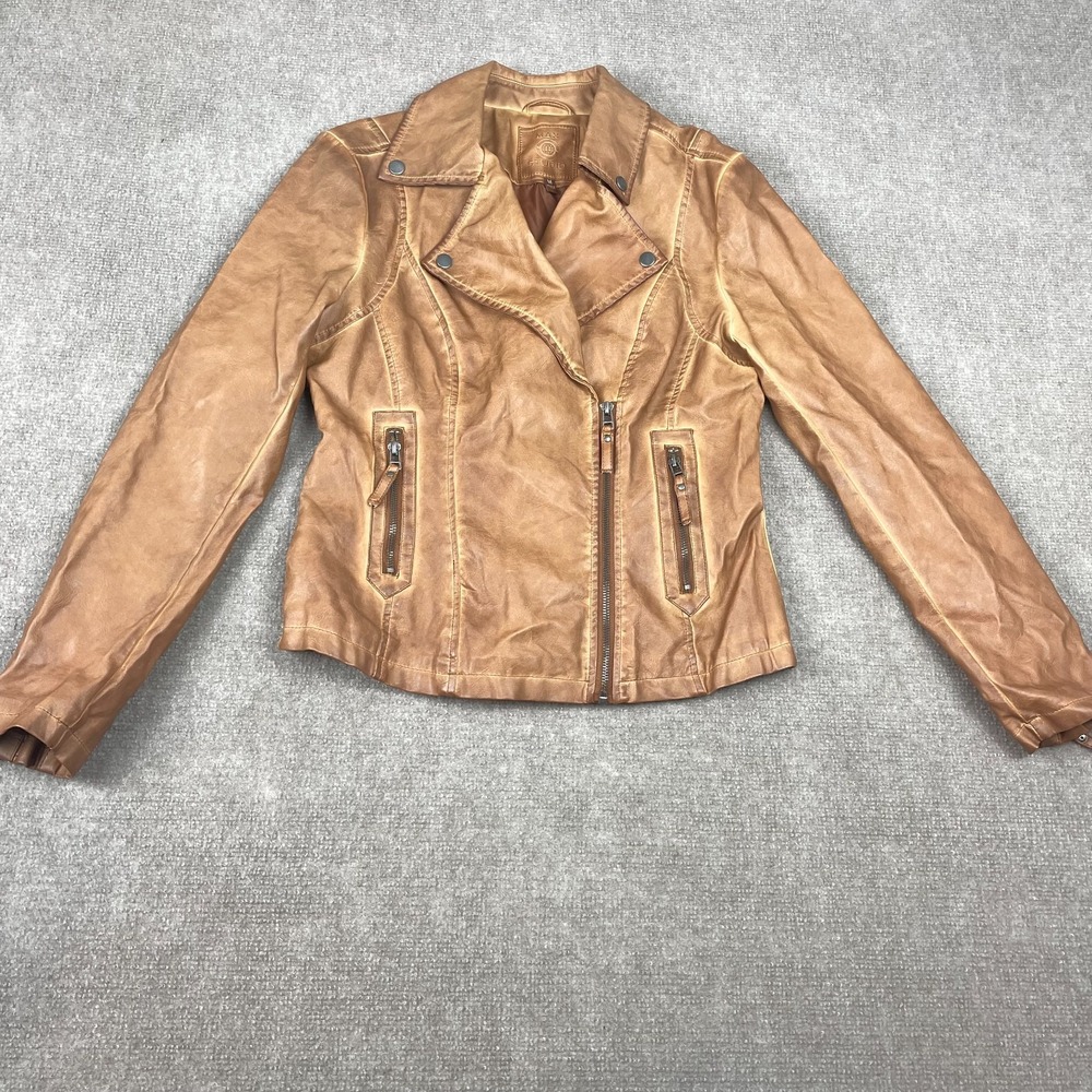 Max Studio Cognac Faux Leather Motorcycle Jacket Womens Medium Brown Pockets